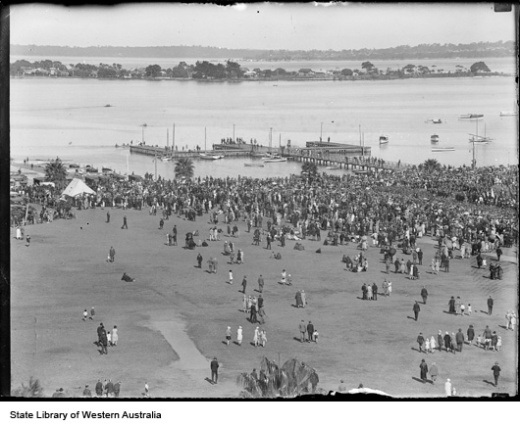 Elevated view of crowd in the Esplanade Perth. Swan river and South Perth in the background, 1928.