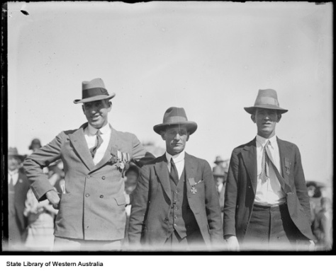 Hugo Throssell, James Woods and Thomas (Jack) Axford, VC winners at the 1928 ANZAC Day ceremony .