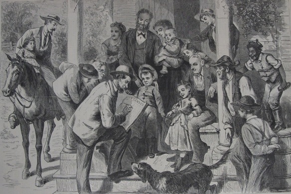 Taking the census. From a sketch by Thomas Worth, Harpers Weekly 19 Nov 1870