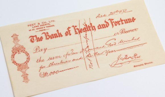 Peet & Co, Pay the sum of ten thousand good wishes for Christmas, 1920s. Lindsay J. Peet papers, ACC 9161A/33